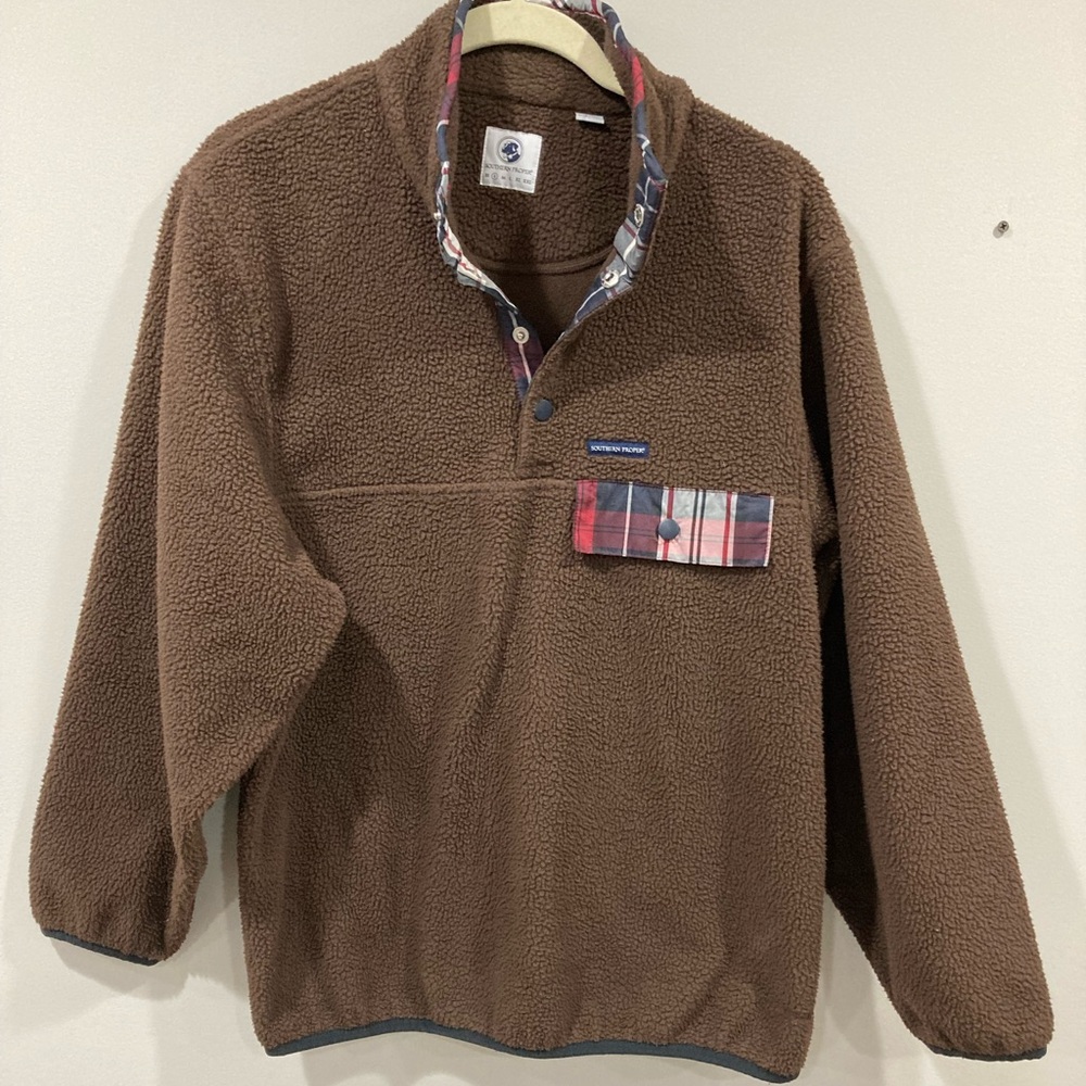 Southern Proper Brown Fleece Pullover with Plaid Accents Small Unisex